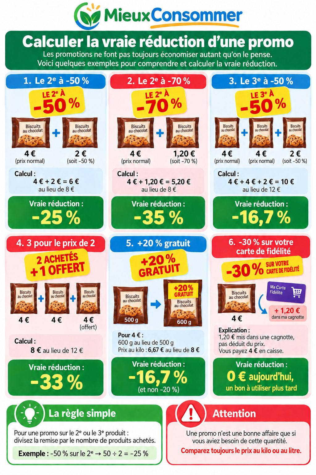 Six promotions courantes et leur vraie réduction, exemples chiffrés