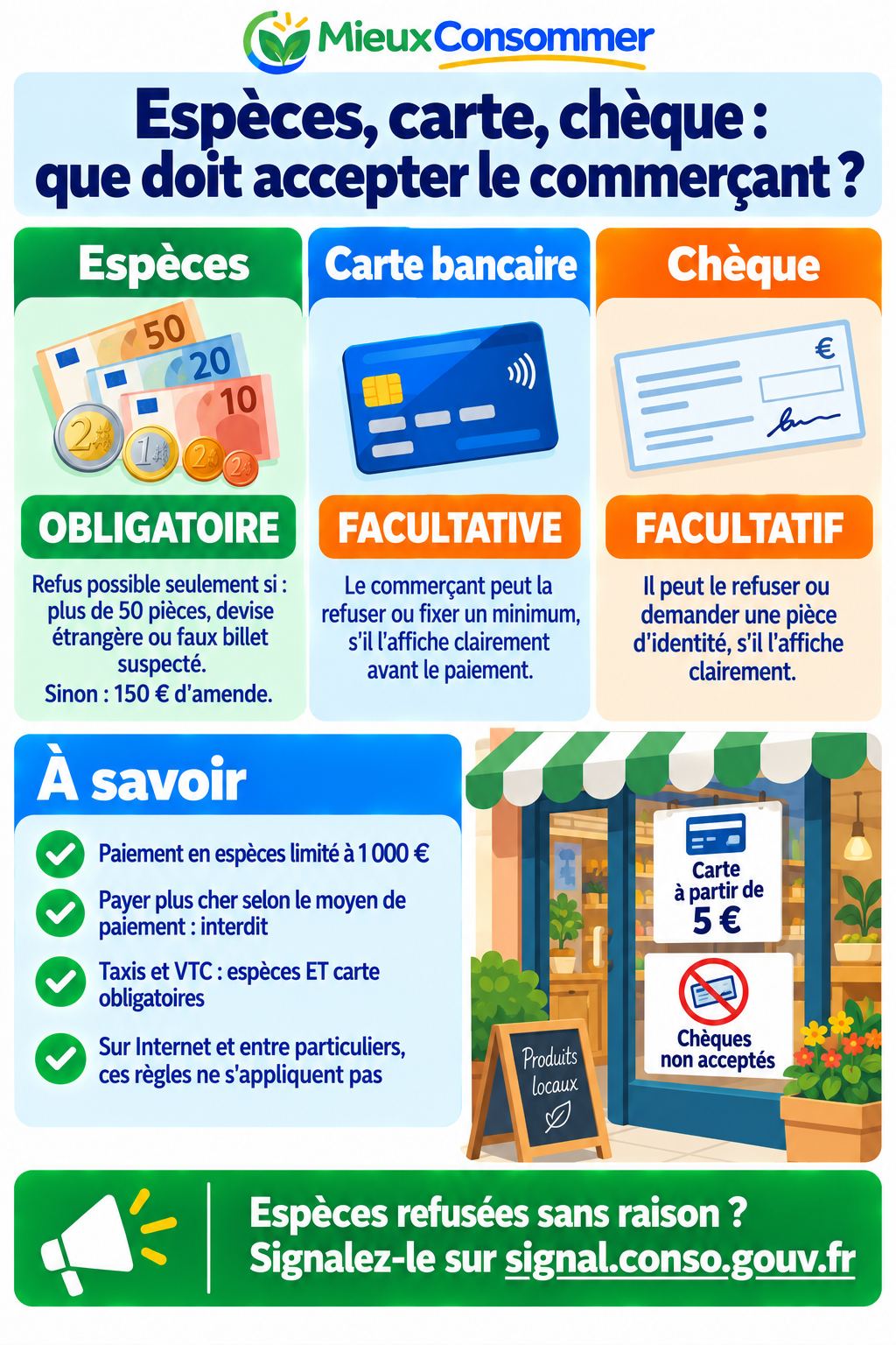 Espèces, carte, chèque : que doit accepter le commerçant ? Espèces obligatoires, carte et chèque facultatifs, et les règles à savoir