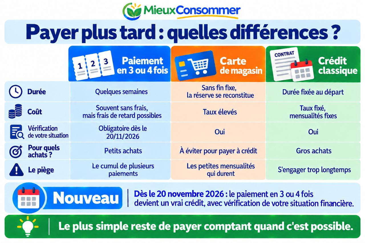 Payer plus tard : quelles différences ? Tableau comparatif du paiement en 3 ou 4 fois, de la carte de magasin et du crédit classique