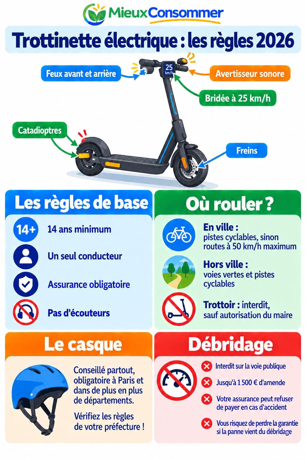 Trottinette électrique : les règles 2026. Équipements obligatoires, règles de base, où rouler, casque et débridage